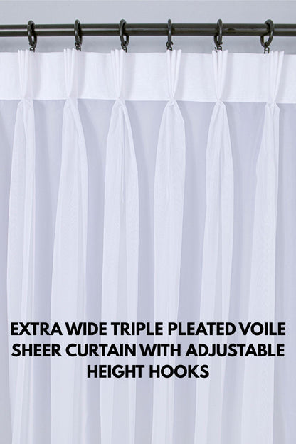 White Color Sheer Voile Curtain: Triple Pinch Pleat Tulle Drapery with Adjustable Hooks