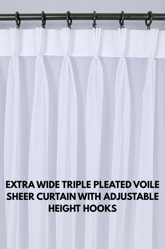 White Color Sheer Voile Curtain: Triple Pinch Pleat Tulle Drapery with Adjustable Hooks